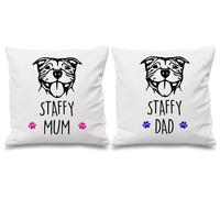 Staffy Mum Dad White Cushion Covers 16" x 16" Couples Cushions Staffordshire Bull Terrier 60 SECOND MAKEOVER White 40cm x 40cm