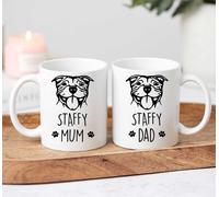 60 Second Makeover Limited Staffy Mum Staffy Dad Mug Set Gifts for Dog Lovers Dog Mum Gifts for Couples Staffordshire Bull Terrier 11oz Ceramic Coffe Cup Set Dishwasher Safe Microwave Safe