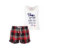 60 SECOND MAKEOVER Women's Beware Crazy Sausage Dog Lady Tartan Short Pyjamas Set in Red | Size: Small 60 SECOND MAKEOVER Red S