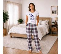 60 SECOND MAKEOVER Women's Beware Crazy Sausage Dog Lady Tartan Trouser Pyjamas Set in Pink | Size: Small 60 SECOND MAKEOVER Pink S