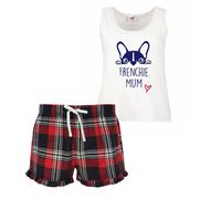 60 Second Makeover Limited Frenchie Mum Ladies Tartan Frill Short Pyjama Set Red Blue or Green Blue French Bull Dog, Red, Medium (UK 12)