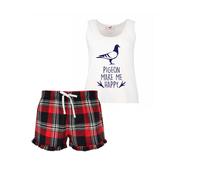 60 SECOND MAKEOVER Women's Pigeons Make Me Happy Tartan Short Pyjamas Set in Red | Size: Small 60 SECOND MAKEOVER Red S