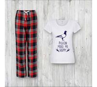 60 SECOND MAKEOVER Women's Pigeons Make Me Happy Tartan Trouser Pyjamas Set in Red | Size: Large 60 SECOND MAKEOVER Red L