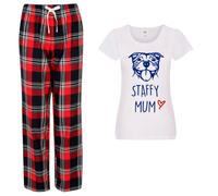 60 Second Makeover Limited Staffy Mum Pyjamas Ladies Tartan Trouser Bottoms Pyjama Dog Pyjamas Staffordshire Bull Terrier Red