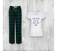60 SECOND MAKEOVER Women's Start The Day With Tea End It With Wine Pyjama Set in Green | Size: Small 60 SECOND MAKEOVER Green S