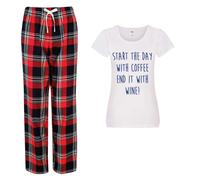 60 SECOND MAKEOVER Women's Start The Day With Tea End It With Wine Pyjama Set in Red | Size: XS 60 SECOND MAKEOVER Red XS