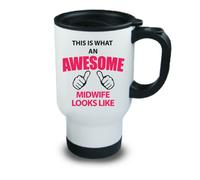60 SECOND MAKEOVER Women's This Is What An Awesome Midwife Looks Like Metal Travel Mug in White 60 SECOND MAKEOVER White