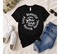 60 SECOND MAKEOVER Women's You Are Beautiful Strong Worthy Loved Black T-Shirt | Size: Small 60 SECOND MAKEOVER Black S