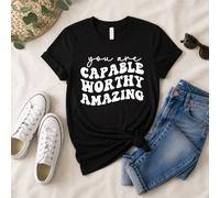 60 SECOND MAKEOVER Women's You Are Capable Worthy Amazing Black T-Shirt | Size: Large 60 SECOND MAKEOVER Black L