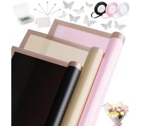 60 Sheets Flower Wrapping Paper, Bouquet Wrapping Paper including Satin Ribbon,3D Butterflies,Flower Pins, Cards, Flower Paper Wrap for Wedding Birthday Gift Florist Wrap (Black+Pink+Grey Khaki)