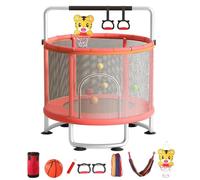 60"Trampoline for Kids,Adjustable Toddler Trampoline with Basketball Hoop Indoor/Outdoor Kid Mini Trampolines with Enclosure Net Gymnastics Ring, Swing, Sandbag, Ocean Balls, 440lbs Red