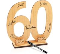 60 Wood Sign Guest Book 60th Birthday Wooden Freestanding Signature Number Keepsake Numbers 60 Years Guestbooks Freestanding Year Signs Plaques with Pen for Anniversary Birthday Men Women(Number 60)
