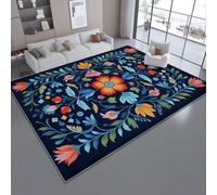 60 x 110 cm Area Rugs Blue Orange Rug, Traditional Hand-Painted Plants Flowers Printed Theme Non-Slip Low Pile Easy Clean Carpet, Washable Rug for Bedroom Living Room