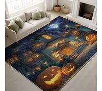 60 x 110 cm Blue Machine Washable Rugs Halloween Pumpkin Bats Castle Area Rug Hyperrealistic Anime Non-Slip Playful Eye-catching Short Pile rugs for Kids room