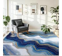 60 x 110 cm Machine Washable Rugs Living Room, Luxurious Marble Texture Short Pile Non Slip Carpet, for Bedroom Kitchen Backing Abstract Modern Area Rug, Blue Gold