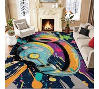 60 x 110 cm Washable Non Slip Rug, Modern Cool Low pile Carpet | Graffiti Ink Splash Star Headphone Printed Rug, Soft Touch, Stain & Fade Resistant, Mehrfarbig for Bedroom Indoor