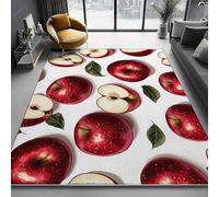 60 x 90 cm Machine Washable Area Rug for Living Room - Soft Low Pile Non-Slip Carpet, Simple Fruit And Leaf Lines Printed Design, Stain Resistant Floor Mat for Kitchen Dining Room, Red