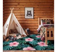 60 x 90 cm Machine Washable Rugs Living Room, Botanical Hibiscus Flower Monstera Leaf Short Pile Non Slip Carpet, for Bedroom Kitchen Backing Watercolour Hand Drawn Area Rug, Green Pink