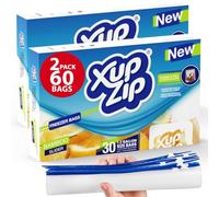 60 x Food Storage Freezer Bags by XupZip™ | Heavy Duty Slider Ziplock Bags | Airtight Smart Zip with Expandable Bottom | Stand and Fill BPA Free Food Storage - 60 x Gallon Food Bags (4.55L)