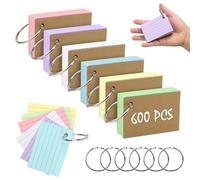 600 Pcs A8 Index Cards 2.9×2 inch Colourful Flashcards for Revision,Flash Cards with Kraft Cover & Binder Rings,150 g/m² Thick Paper,Ruled Flash Card Notecards Paper for School,Office,Home,Vocabulary