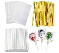600 Pcs Cake Pop Sticks and Wrappers Kit, Clear Candy Chocolate Packaging Bag Set 200 Lollipop Sticks and 200 Clear Candy Bags and 200 Gold Bows for Baking and Party Sweets Decorations
