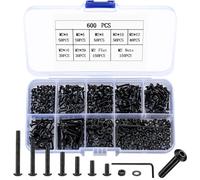 600 Pcs M2 Bolts Set, M2 Nuts and Bolts Set, Hex Socket Button Head Cap Screws Bolts and Nuts Set with Washers, Round Head Hex Head Machine Screws Bolts Assortment Kit, Black Bike Bolts, with Box
