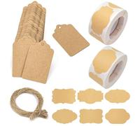 600 Pcs Natural Kraft Label Stickers Set with Card Tags, Self-Adhesive Removable Food Labels for Glass Bottles Container, 6 Shapes of Blank Labels for Folder, Gift Present Packaging (2 Rolls)