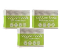 600 Pieces - CS Beauty Biodegradable Cotton Buds with Paper Stems, (3 Packs of 200), White - Ear
