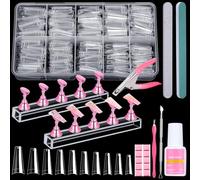 600 Pieces Transparent Coffin Nail Tips Set - Transparent Nail Tips for Acrylic Nails, French Half Cover, Artificial Nail Tips Set with Nail Glue, Nail Stand, Clipper