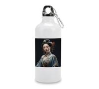600ml Aluminum White Sport Water Bottle,Asian Classical Womanprinted Reusable Leak Proof Portable Insulated Tumbler with Carabiner for Bike Camping Travel