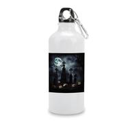 600ml Aluminum White Sport Water Bottle,Gothic Happy Halloweenprinted Reusable Leak Proof Portable Insulated Tumbler with Carabiner for Bike Camping Travel