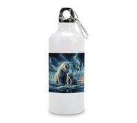 600ml Aluminum White Sport Water Bottle,Polar Bears Northern Lightsprinted Reusable Leak Proof Portable Insulated Tumbler with Carabiner for Bike Camping Travel