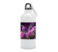 600ml Aluminum White Sport Water Bottle,Purple Flower Butterflyprinted Reusable Leak Proof Portable Insulated Tumbler with Carabiner for Bike Camping Travel