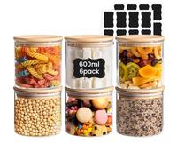 600ml Glass Food Storage Jars Set of 6, Round Glass Storage Jars with Lids | High Borosilicate Clear Kitchen Pantry Food Canister Container For Cereal,Pantry Organization Jar,Spice,Salt,Tea,Coffee&Sugar