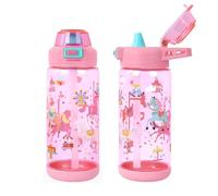 600ml Kids Straw Water Bottle Leak-Proof Travel Cup with Handle Carousel