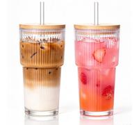 600ml Ribbed Glass Tumblers with Lids and Straws, 2Pack Iced Coffee Cups | Reusable Thick-wall Glass, Leak-Proof Lids, Fits Most Car Cup Holders, For Iced Coffee and Cold Drinks, With Cleaning Brush