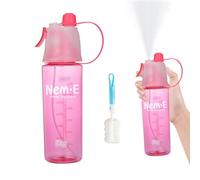 600ml Spray Water Bottle with Cup Brush 2-in-1 Drinking & Misting Sports Bottle Leakproof Water Bottle with Straw for Kids Adults Portable Outdoor Cooling Bottle for Cycling Running Gym Hiking (Pink)