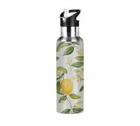 600ml Stainless Steel Sports Water Bottle with Leakproof Straw, BPA Free Thermal Flask for Gym & Outdoor, 10-Hour Insulated 304 Steel Drinkware with Fruit Lemon Pattern Printed Design