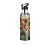 600ml Stainless Steel Sports Water Bottle with Leakproof Straw, BPA Free Thermal Flask for Gym & Outdoor, 10-Hour Insulated 304 Steel Drinkware with Tropical Tiger Leaf Printed Design