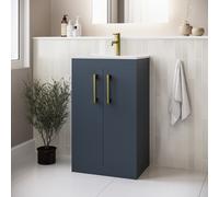 600mm Blue Freestanding Vanity Unit with Basin and Brass Handles - Ashford