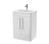 Modern Bathroom Floor Standing 2 Soft Close Door Vanity Basin Unit, Ceramic Basin, 600mm, Gloss White