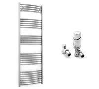 600mm Wide Curved Chrome Heated Bathroom Towel Rail Radiator With Valves For Central Heating UK (With TRV Angled Valves, 600 x 1600 mm (h))