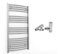 600mm Wide Curved Chrome Heated Bathroom Towel Rail Radiator With Valves For Central Heating UK (With Angled Valves, 600 x 1000 mm (h))