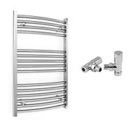 600mm Wide Curved Chrome Heated Bathroom Towel Rail Radiator With Valves For Central Heating UK (With Angled Valves, 600 x 800 mm (h))