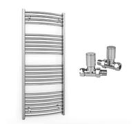 600mm Wide Curved Chrome Heated Bathroom Towel Rail Radiator With Valves For Central Heating UK (With Curved Valves, 600 x 1200 mm (h))
