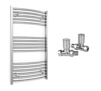 600mm Wide Curved Chrome Heated Bathroom Towel Rail Radiator With Valves For Central Heating UK (With Curved Valves, 600 x 900 mm (h))
