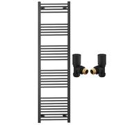 600mm Wide Straight Black Heated Bathroom Towel Rail Radiator With Valves For Central Heating UK (With Black Angled Valves, 600 x 1800mm (h))