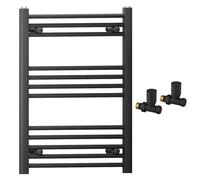 600mm Wide Straight Black Heated Bathroom Towel Rail Radiator With Valves For Central Heating UK (With Black Straight Valves, 600 x 700mm (h))