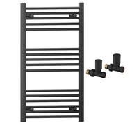 600mm Wide Straight Black Heated Bathroom Towel Rail Radiator With Valves For Central Heating UK (With Black Straight Valves, 600 x 900mm (h))
