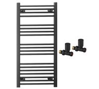 600mm Wide Straight Black Heated Bathroom Towel Rail Radiator With Valves For Central Heating UK (With Black Straight Valves, 600 x 1000mm (h))